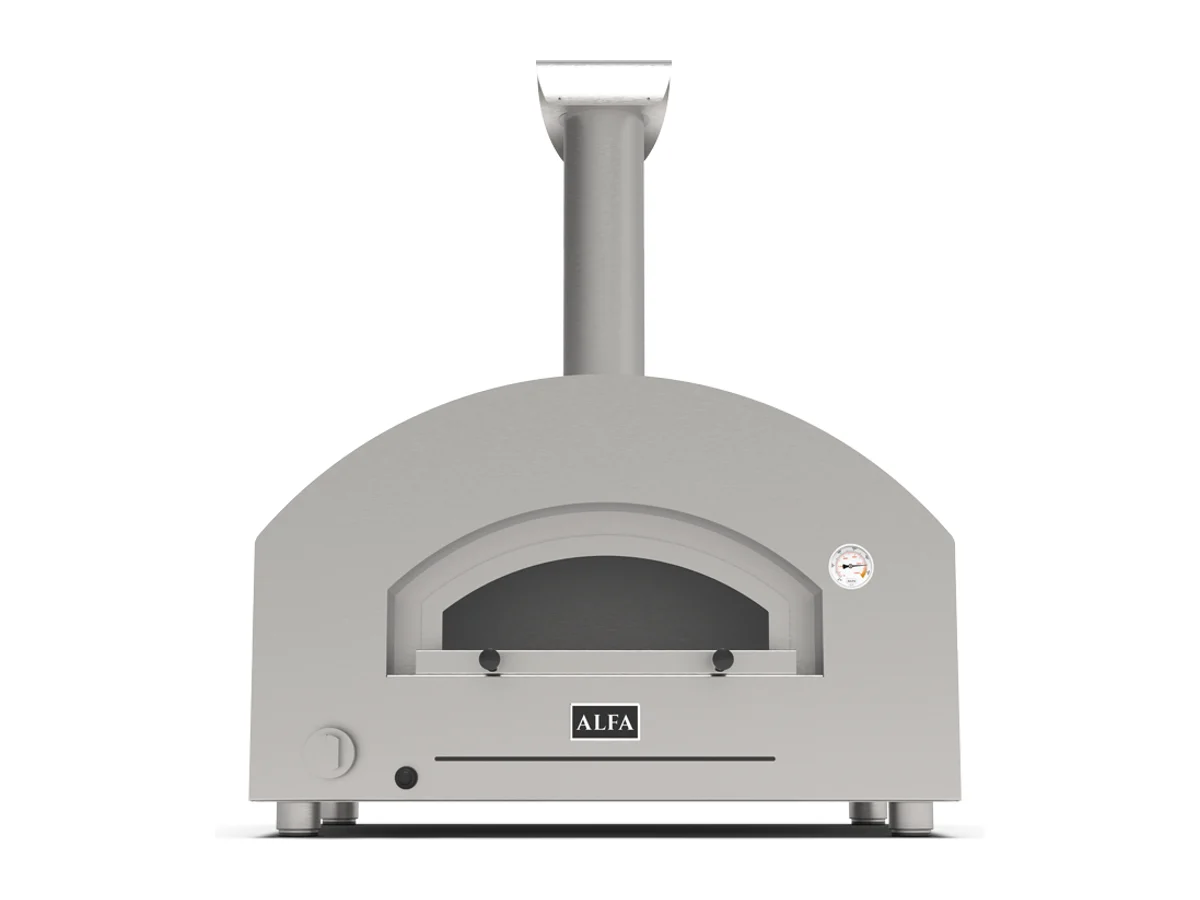 Four à pizza Alfa Forni Futuro 2 Pizze, inox, vu de face, rendu du fabricant